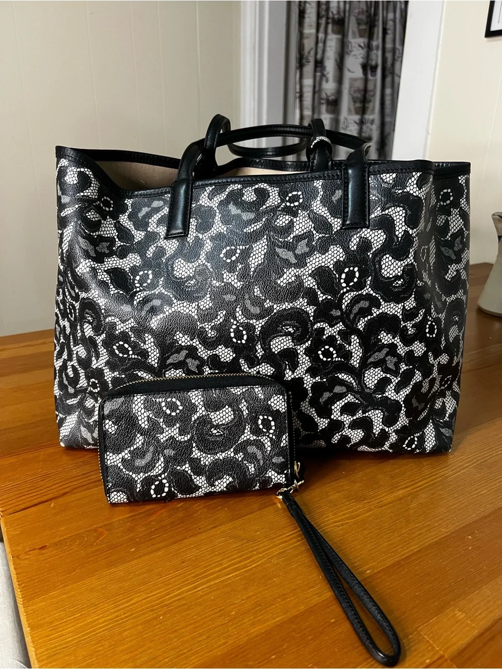 Tory Burch Black and White Lace-Print Tote with Wristlet